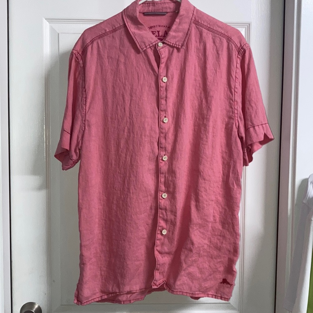 Tommy Bahama Linen Men’s Coral White Button-Down Embroidered Casual Shirt Size L